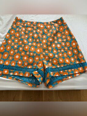STAUD Mantis Blue Orange Daisy Linen Shorts
